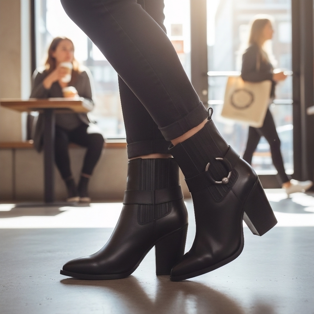 Steve Madden Rippled LEATHER Modern Buckle Western Boots Booties SZ 8 M BLACK